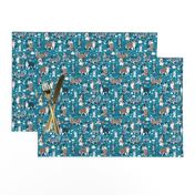 Tiny scale // VET medicine happy and healthy Aussie friends // turquoise background aqua details navy blue white and brown Australian Shepherds dogs