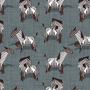 Small scale // Origami Zebras // green grey linen texture background black and white line art safari animals