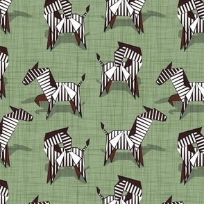 Small scale // Origami Zebras // sage green linen texture background black and white line art safari animals