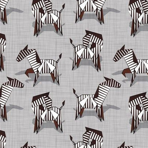 Small scale // Origami Zebras // grey linen texture background black and white line art safari animals