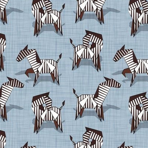 Small scale // Origami Zebras // pastel blue linen texture background black and white line art safari animals