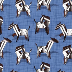 Small scale // Origami Zebras // denim blue linen texture background black and white line art safari animals