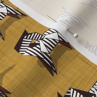 Small scale // Origami Zebras // goldenrod yellow linen texture background black and white line art safari animals