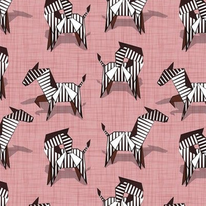 Small scale // Origami Zebras // blush pink linen texture background black and white line art safari animals