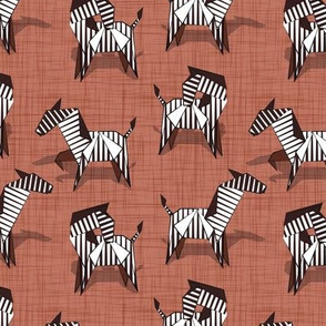 Small scale // Origami Zebras // light siena brown linen texture background black and white line art safari animals