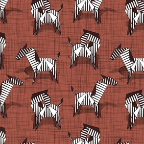 Small scale // Origami Zebras // siena brown linen texture background black and white line art safari animals