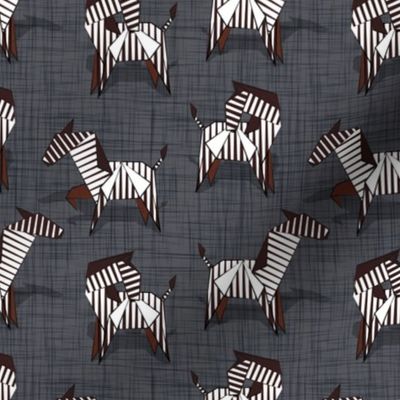 Small scale // Origami Zebras // grey charcoal linen texture background black and white line art safari animals