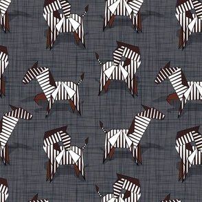 Small scale // Origami Zebras // grey charcoal linen texture background black and white line art safari animals