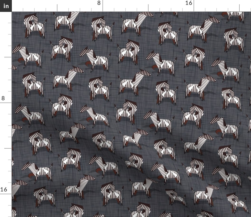 Small scale // Origami Zebras // grey charcoal linen texture background black and white line art safari animals