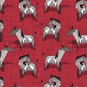 Small scale // Origami Zebras // red linen texture background black and white line art safari animals