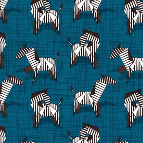 Small scale // Origami Zebras // teal linen texture background black and white line art safari animals