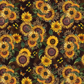 14" Antique Sunflower bouquets, sunflower fabric, sunflowers fabric, brown