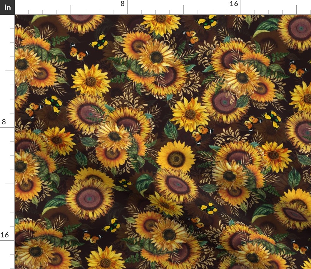 14" Antique Sunflower bouquets, sunflower fabric, sunflowers fabric, brown