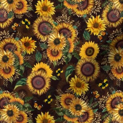 7" Antique Sunflower bouquets, sunflower fabric, sunflowers fabric, brown