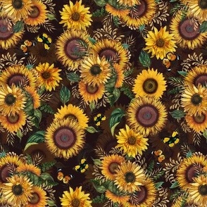 7" Antique Sunflower bouquets, sunflower fabric, sunflowers fabric, brown
