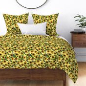 12" Vintage Sunflowers on yellow,sunflower fabric, sunflowers fabric