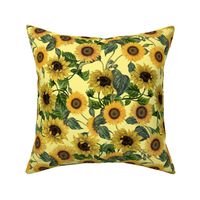 12" Vintage Sunflowers on yellow,sunflower fabric, sunflowers fabric