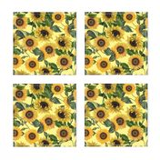 12" Vintage Sunflowers on yellow,sunflower fabric, sunflowers fabric