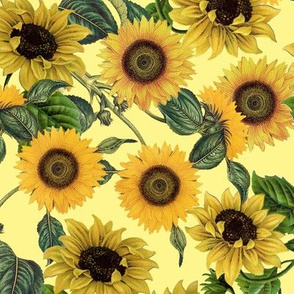 12" Vintage Sunflowers on yellow,sunflower fabric, sunflowers fabric