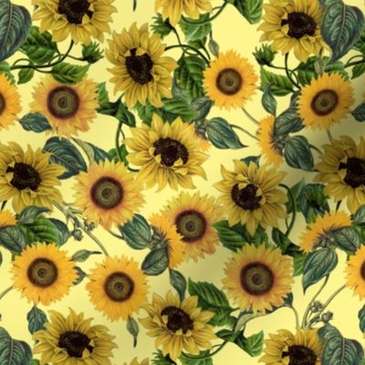 7" Vintage Sunflowers on yellow,sunflower fabric, sunflowers fabric