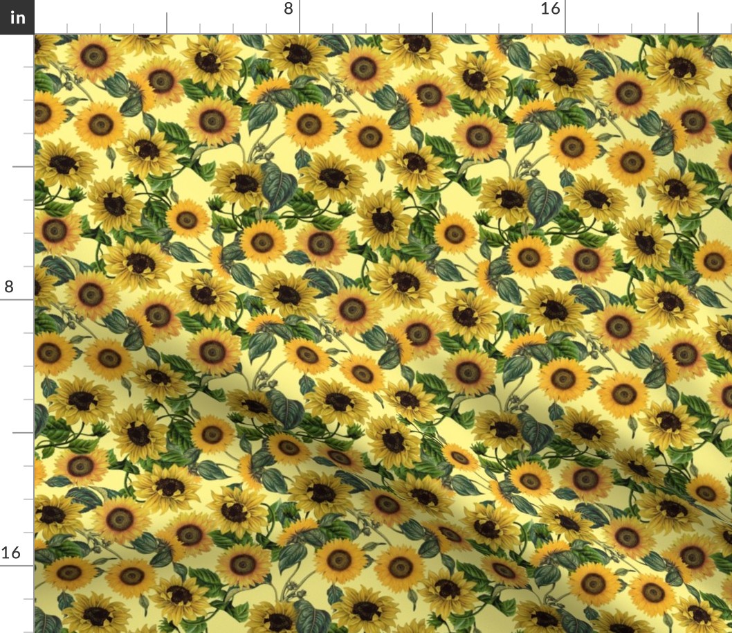 7" Vintage Sunflowers on yellow,sunflower fabric, sunflowers fabric