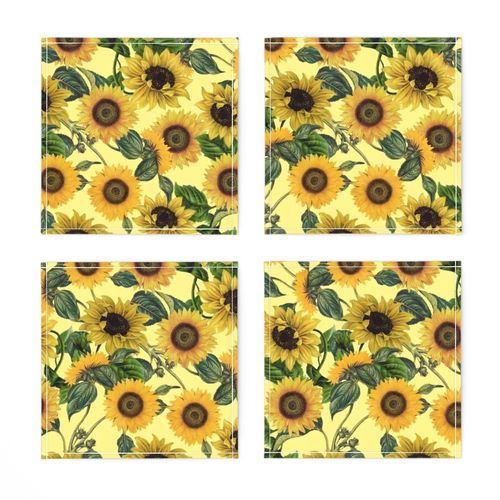 14" Vintage Sunflowers on yellow,sunflower fabric, sunflowers fabric