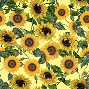 14" Vintage Sunflowers on yellow,sunflower fabric, sunflowers fabric