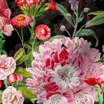 14" Vintage Botanical Pink Springflower Meadow  Black