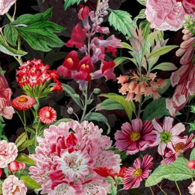 8" Vintage Botanical Pink Springflower Meadow  Black