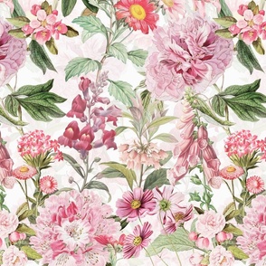 14" Vintage Botanical Pink Springflower Meadow  White