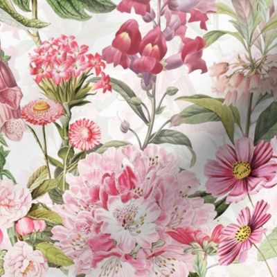 10" Vintage Botanical Pink Springflower Meadow  White