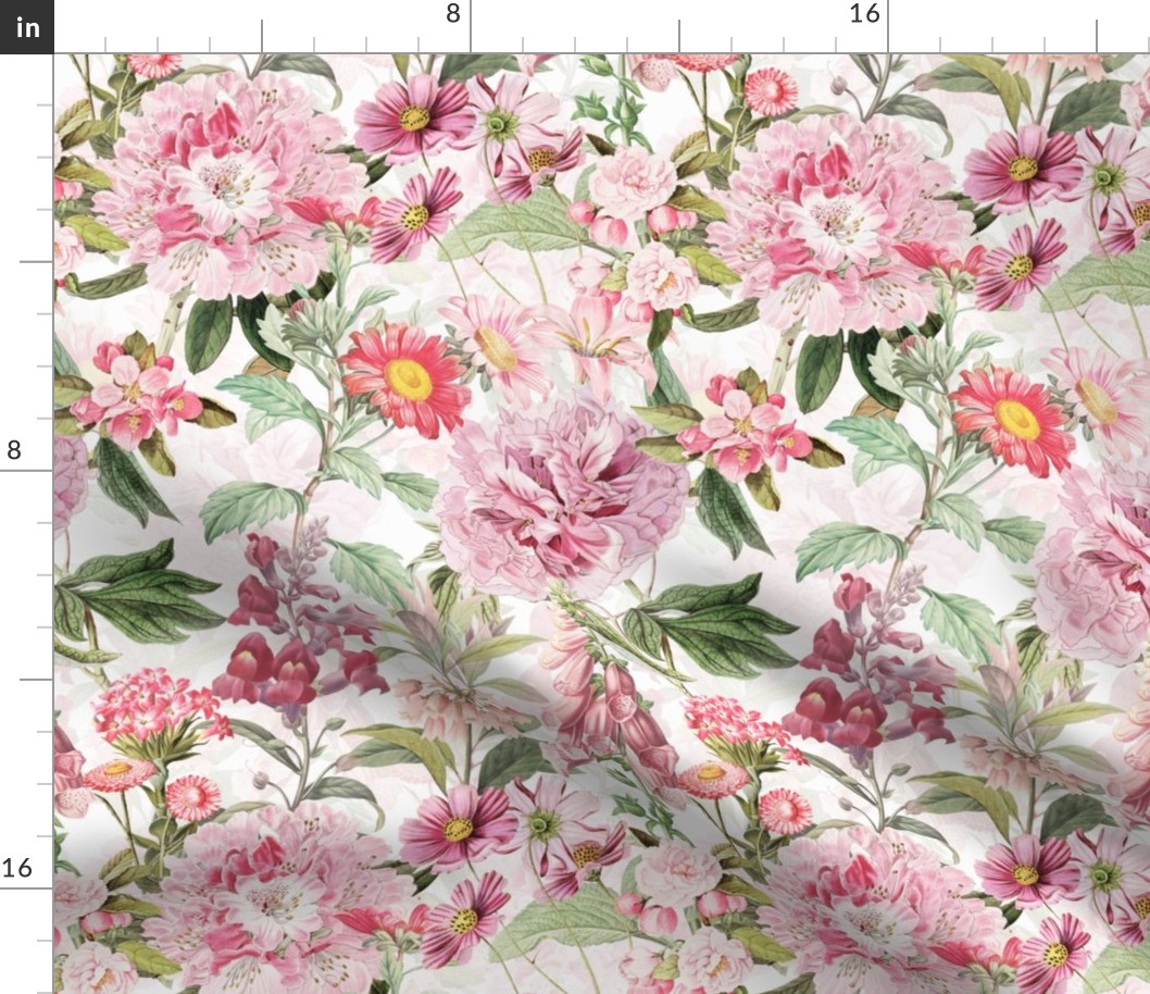 10" Vintage Botanical Pink Springflower Meadow  White