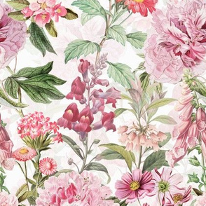 8" Vintage Botanical Pink Springflower Meadow  White