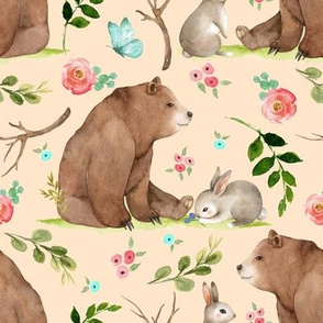 Girls Woodland Bear & Bunny Friends (apricot) Pink + Aqua Flowers, LARGE scale