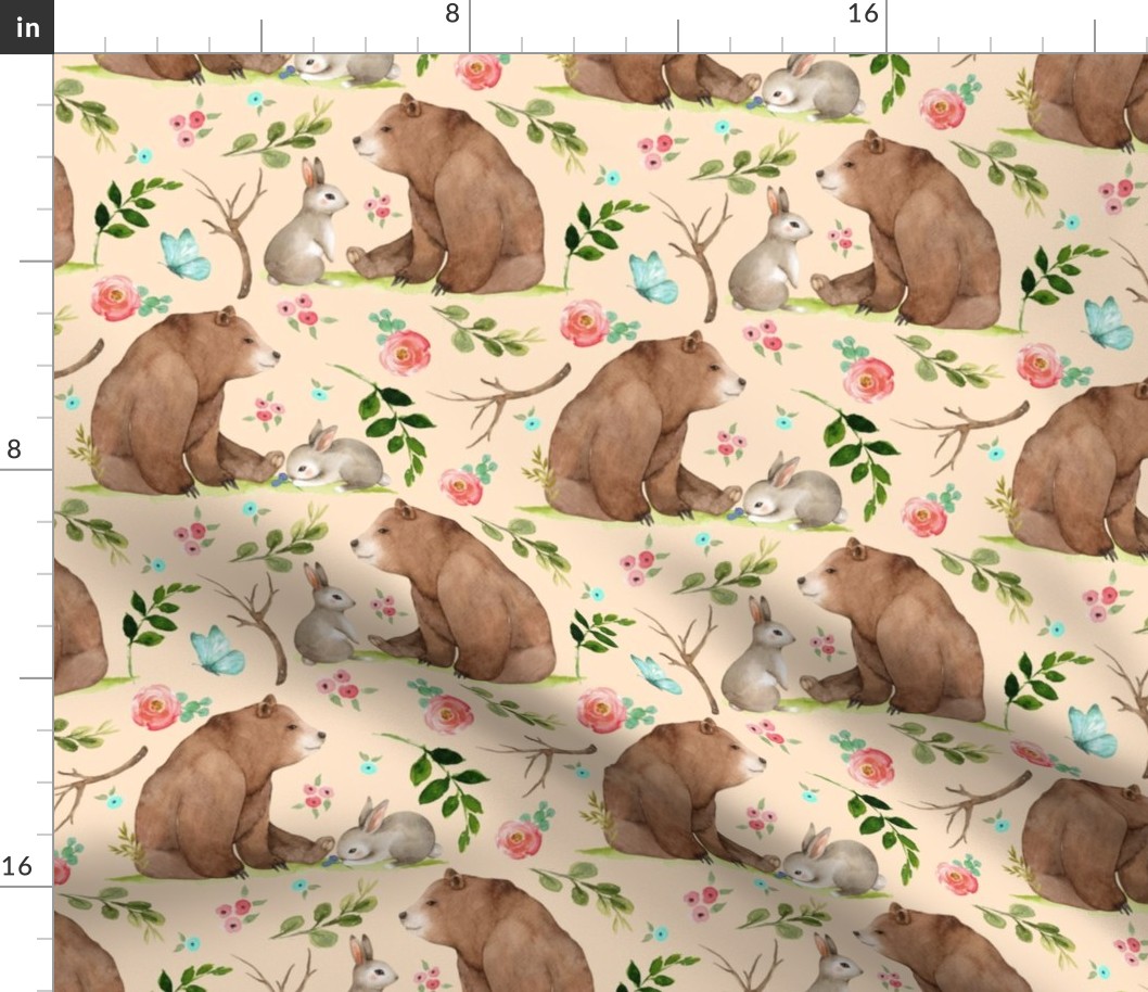 Girls Woodland Bear & Bunny Friends (apricot) Pink + Aqua Flowers, LARGE scale