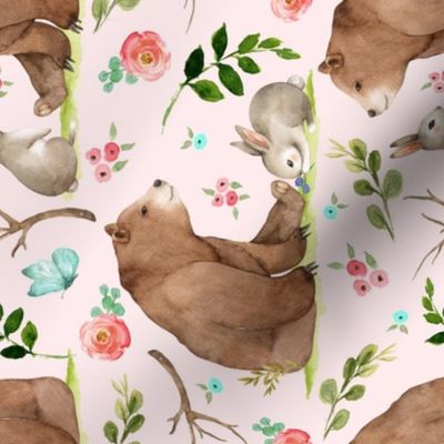 Girls Woodland Bear & Bunny Friends (shell pink) Pink + Aqua Flowers, LARGE scale, ROTATED