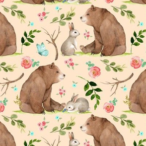 Girls Woodland Bear & Bunny Friends (apricot) Pink + Aqua Flowers, MEDIUM scale