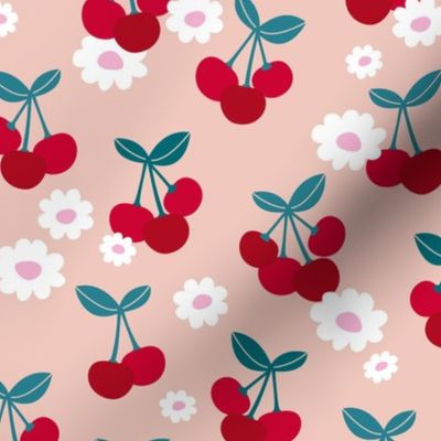 Sweet cherries and daisies summer fruit garden boho cherry and daisy design red pink 