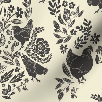 Chicken Damask - cream & dark grey