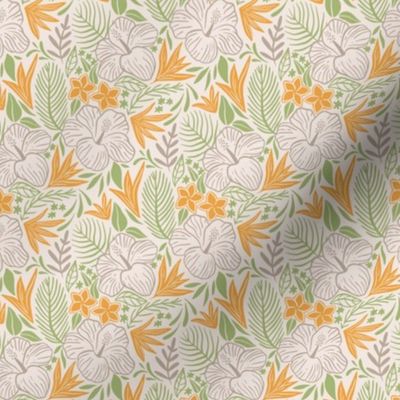 Tropical leaves and flowers light colors with orange and green_Small scale