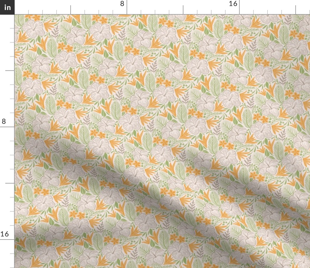 Tropical leaves and flowers light colors with orange and green_Small scale