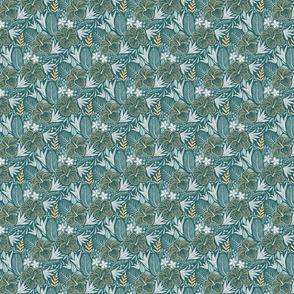 Tropical leaves and flowers dark green and blue_Small scale