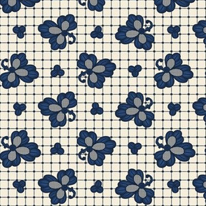 Dionys Jacobean Floral: Navy & Antique White Botanical Plaid