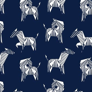 Small scale // Origami Zebras // oxford navy blue background white line art safari animals