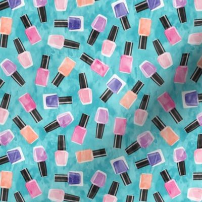 (small scale) nail polish bottles - beauty - pinks and purple on blue  - LAD20