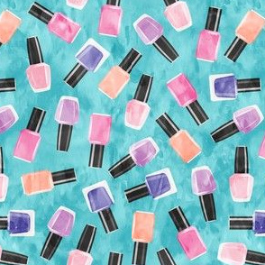 (small scale) nail polish bottles - beauty - pinks and purple on blue  - LAD20