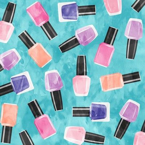 nail polish bottles - beauty - pinks and purple on blue  - LAD20