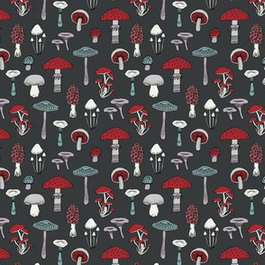 Midnight Mushrooms - red and white on dark grey - Small scale