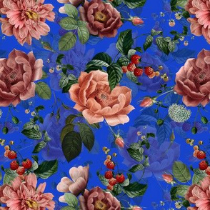 7" Antique Roses With Raspberries and Wild Flowers Royal Blue