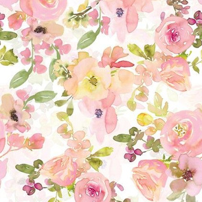 8"  Blush cute hand drawn watercolor roses and green  leaves on white double layer